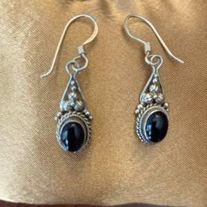 Sterling Silver 925 Black Onyx Cabochon Scroll Drop Earrings